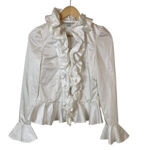 Boston Proper Womens Elegant White Ruffled Button Front Blouse Size 2‎ Satin